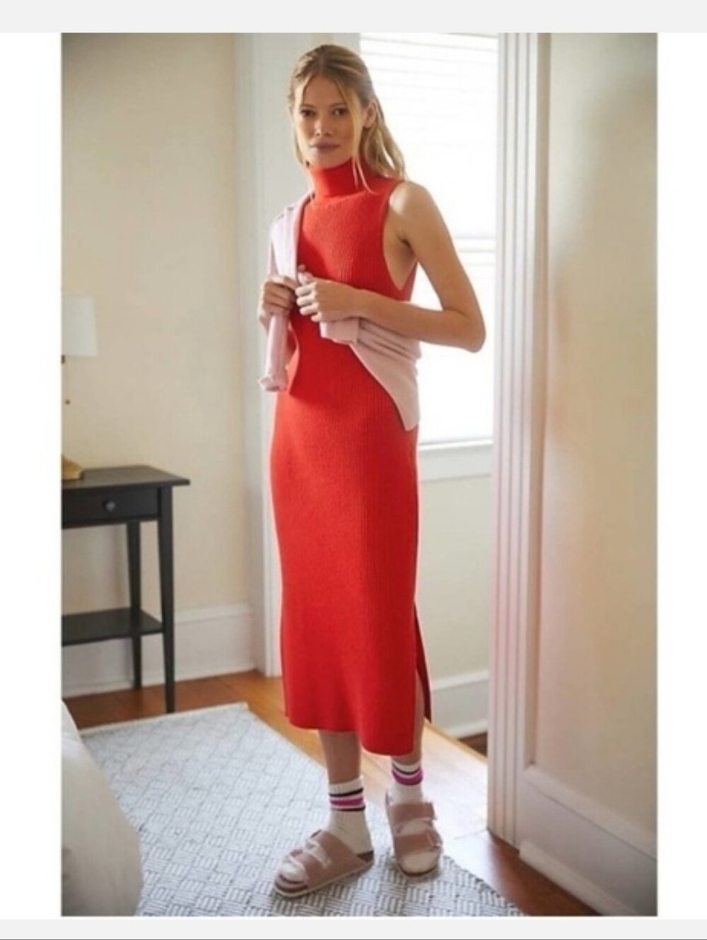 Sleeveless Ribbed Maxi Dress with Turtleneck in Red-Orange